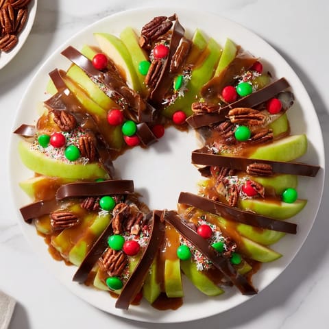 This Caramel Apple Slice Christmas Wreath displays a luscious arrangement of caramel-covered apples with colorful decorations and festive flair.