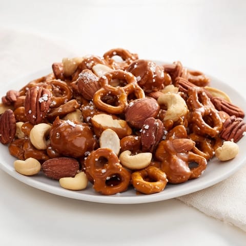 Crunchy salted caramel pretzels and nuts, perfectly coated, making a delicious party snack.