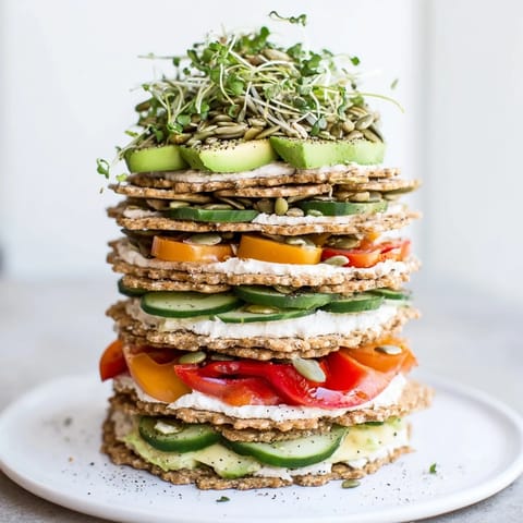 Sensory delight: Taste the creamy, piled high gluten-free gourmet tower with fresh vegetables and flavorful spreads.