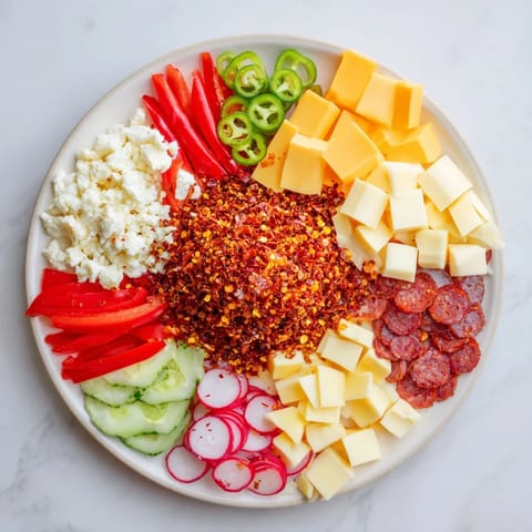 The spicy hot take platter, radiating with fresh veggies, cheeses, and dips, ready to serve and enjoy.