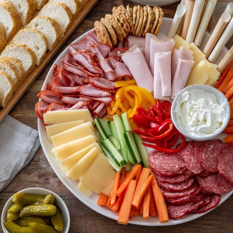 Discover a colorful family spread with a variety of meats, cheeses, and crackers ready to enjoy.