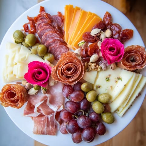 Richly detailed advanced artisan array grazing board, showcasing cured meats, cheeses, and colorful garnishes ready to serve.