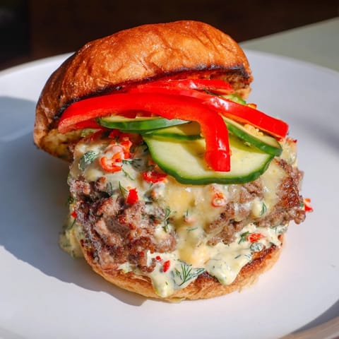 Served on toasted buns, this Fire & Ice Burger features fresh cucumber and creamy yogurt sauce.
