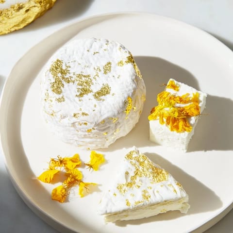 A close-up view of the The Gilded Lily, featuring creamy cheeses and golden accents.