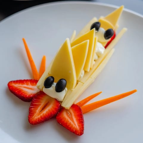 A fun-shaped The Retro Rocket snack has sharp cheddar cheese forming the rocket's body.