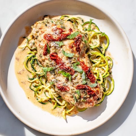 Savory Marry Me Chicken Zoodles dish, featuring sun-dried tomatoes, and basil, ready to eat!