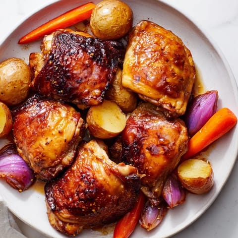 Tender Maple Dijon Chicken Thighs, sizzling with a glistening glaze, alongside colorful roasted veggies.