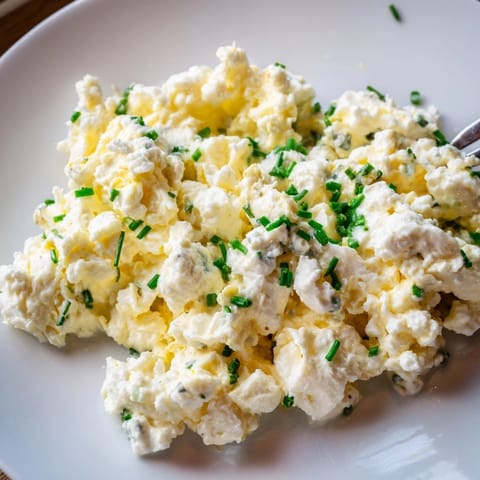 Creamy Cottage Cheese Scrambled Eggs, cooked to perfection, perfect for a protein-rich brunch.