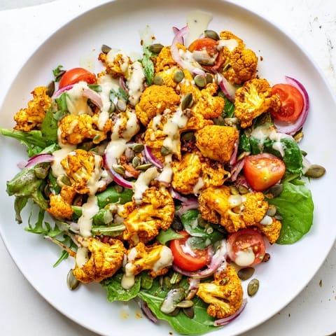 This Crispy Cauliflower Salad features perfectly air-fried cauliflower, combined with fresh greens and tahini dressing.