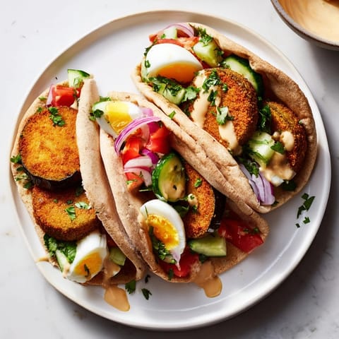 A colorful Israeli Sabich, featuring fresh Israeli salad and a drizzle of tahini sauce.