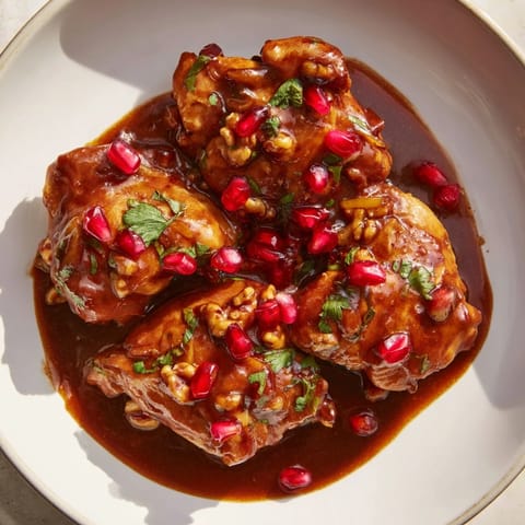 A close-up shot of Iranian Fesenjan, showing the glossy sauce and pieces of protein.