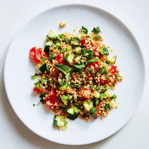 A close-up of chilled Tabbouleh, the fluffy bulgur wheat tossed with crisp cucumber, mint, and a zesty lemon dressing.
