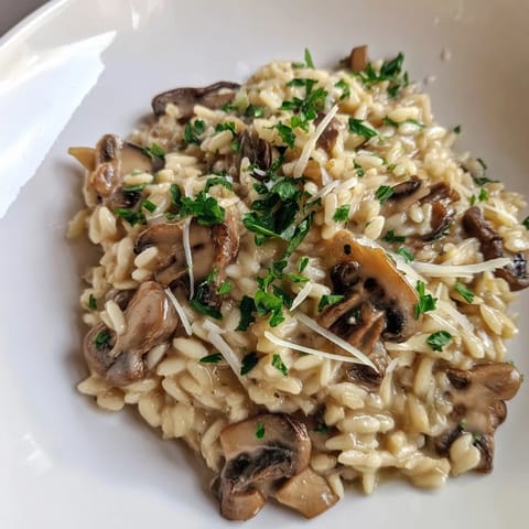 Golden-brown sautéed mushrooms and tender orzo pasta swirled in a rich, Parmesan-infused sauce, capturing the dish's comforting texture.