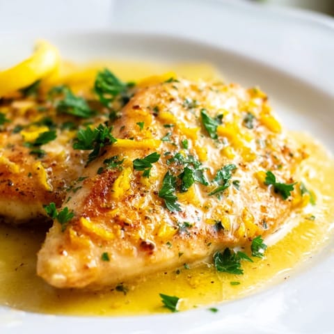 Tender pan-seared Lemon Pepper Chicken on a plate with steamed broccoli and a lemon wedge.