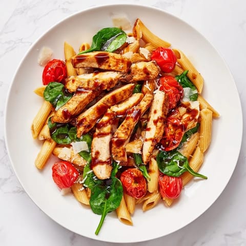 A rustic skillet serving of balsamic glazed chicken pasta topped with grated Parmesan and fresh basil.  