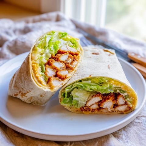 A close-up of a sliced Hot Honey Chicken Caesar Wrap reveals layers of crunchy croutons, Parmesan, and juicy chicken, with a side of extra hot honey drizzle.