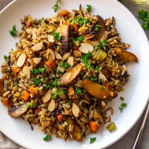 Fragrant steamed Wild Rice and Mushroom Pilaf, garnished with fresh parsley and toasted slivered almonds for a nutty finish.
