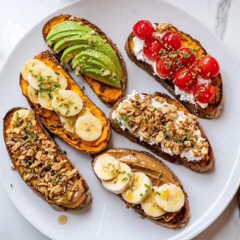 Fork-tender sweet potato toast variations, one spread with peanut butter and topped with banana slices and crunchy granola.