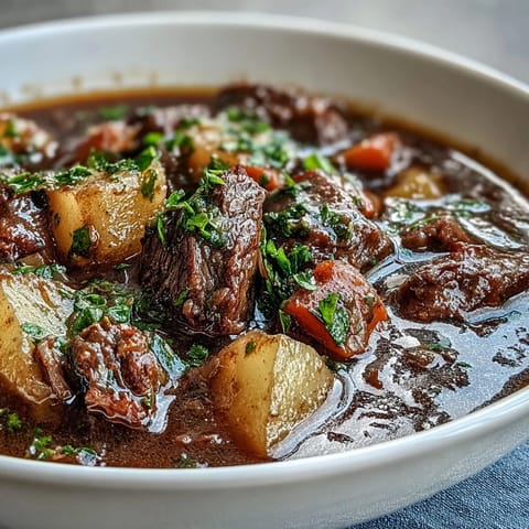 Savory Beef and Vegetable Soup ladled into a rustic bowl, garnished with fresh parsley and served warm.