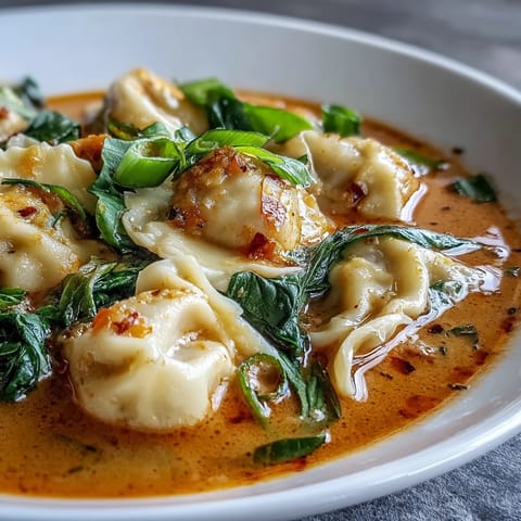 A close-up of Red Curry Wonton Soup With Greens in a white bowl, featuring plump wontons and vibrant snow peas in a creamy, orange broth.