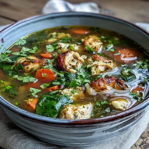 Bright orange Turmeric Chicken Soup steaming in a white bowl, topped with fresh cilantro and lemon wedges. 
