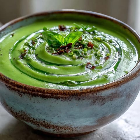 A bright bowl of Courgette, Pea and Pesto Soup topped with a swirl of pesto and olive oil, served as a light spring lunch.