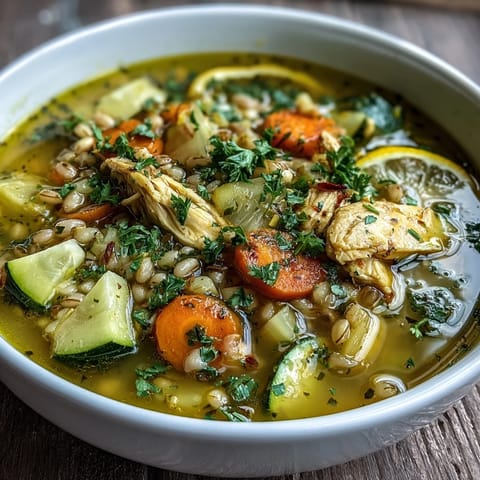 Golden-hued Soothing Turmeric Chicken With Pearl Barley soup in a rustic bowl, garnished with fresh parsley and lemon wedges.