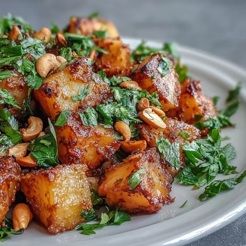 A close-up view of the finished curried celeriac, served warm as a main dish alongside steamed rice.