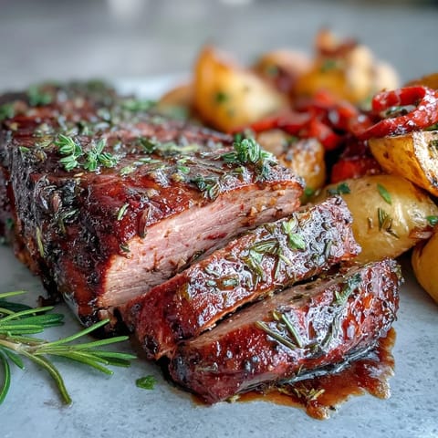 Fresh rosemary and smoked paprika marinated Ibérico pork fillet roasted to juicy perfection with potatoes and red peppers.