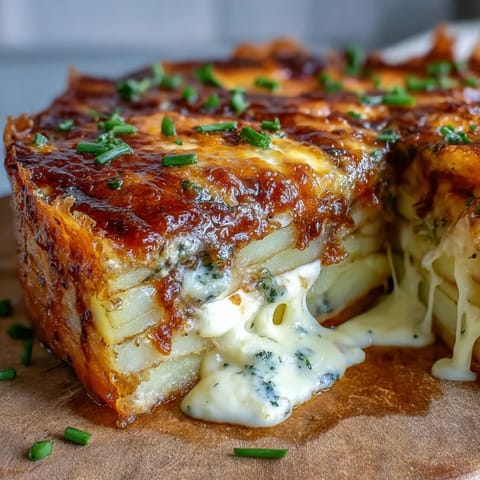 Sliced portions of creamy Cheese and Potato Pie reveal tender potato layers and savory onion filling.