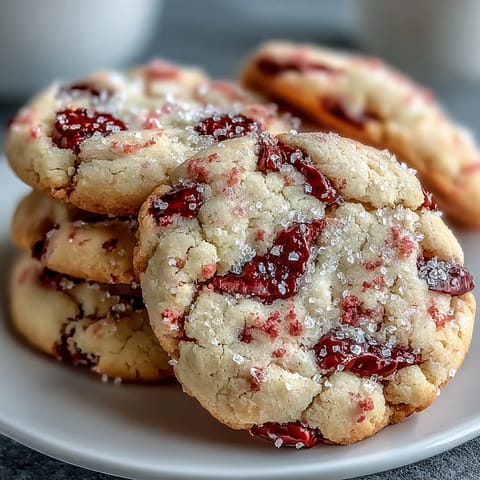 Golden-baked Soft Chewy Raspberry Sugar Cookies, tender and chewy, served beside a glass of cold milk for dipping.