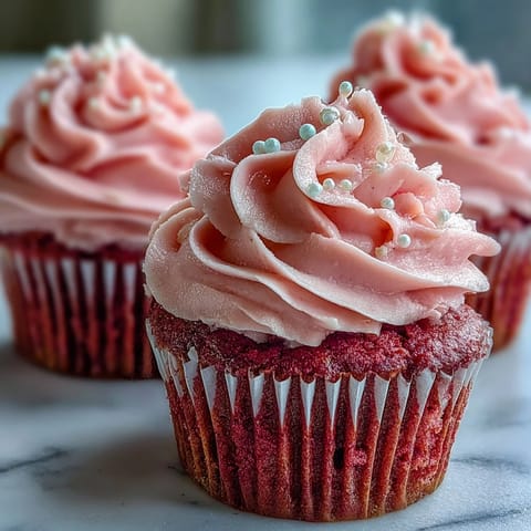 A close-up of Pink Velvet Cupcakes with Vanilla Buttercream Frosting, showing moist crumbs and piped swirls next to a cup of coffee.