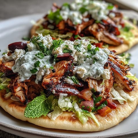 Grilled Mediterranean Chicken Gyros topped with creamy feta tzatziki, fresh lettuce, ripe tomatoes, and Kalamata olives on warm pita bread. 