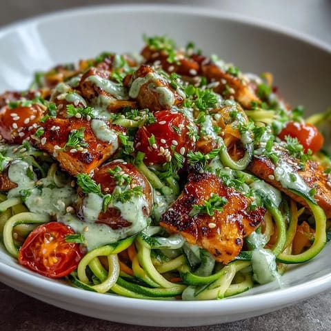 Crisp spiralized zucchini and sweet potato noodles tossed with cherry tomatoes and spinach in a lemony tahini dressing.