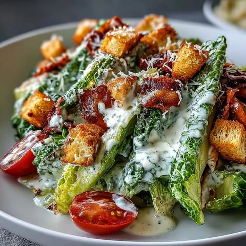 A close-up of a Romaine Caesar Bowl featuring creamy dressing, chickpeas, and crunchy homemade croutons, ready to eat.