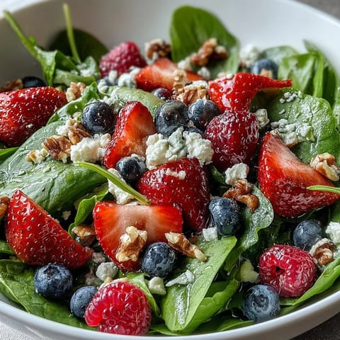 Fresh baby spinach topped with mixed berries, crumbled goat cheese, and toasted walnuts tossed in a tangy balsamic vinaigrette.