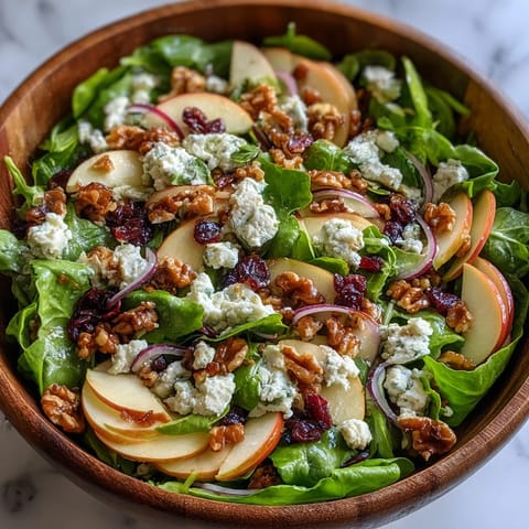 A bowl of Mixed Greens and Apple Salad with crunchy walnuts, creamy goat cheese, and sliced apples tossed in a tangy cider vinaigrette.