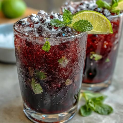 Black Currant Mojito cocktail with crushed ice and mint, ready to serve on a sunny patio table.