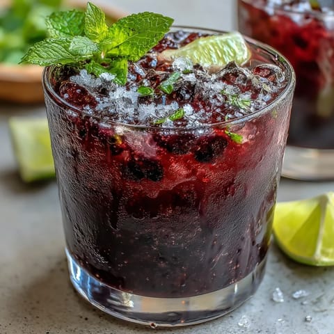 Vibrant purple Black Currant Mojito garnished with lime wedges and fresh mint leaves beside a small bowl of berries.