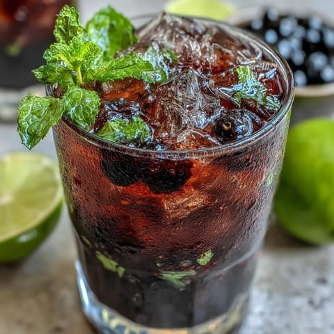 A chilled glass of Tangy Blackcurrant Mojito with fresh mint leaves, lime slices, and vibrant berries ready to sip.