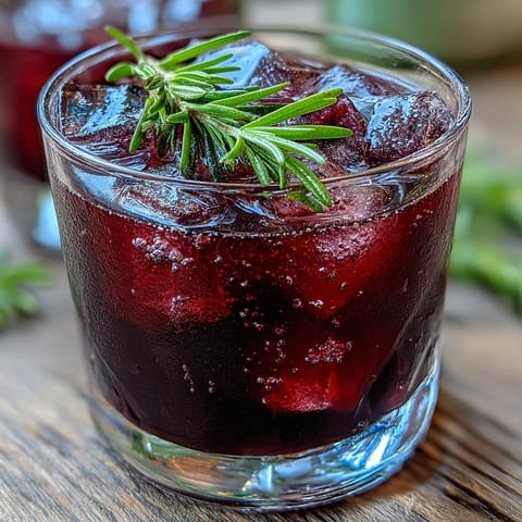 A rocks glass filled with the Black Currant Rosemary Cocktail, garnished with a fresh herb sprig and bright lemon twist.