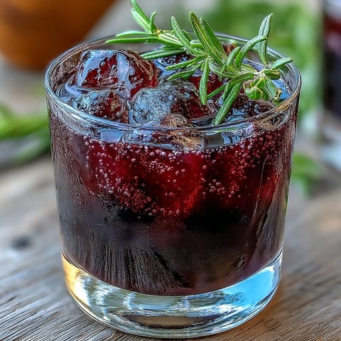 Enjoying the Black Currant Rosemary Cocktail, a tart and herbal beverage served over ice with a striking deep red hue.
