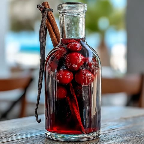 A clear shot of homemade Black Currant Rum Liqueur in a glass bottle, showcasing its deep ruby hue and rich berry notes next to fresh currants and a cinnamon stick.