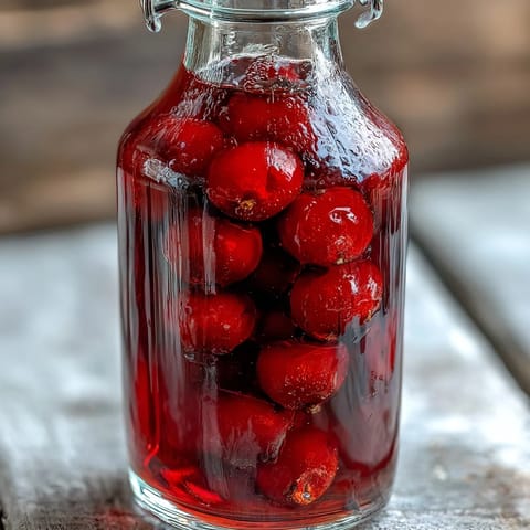 Homemade Blackcurrant Vodka Liqueur in a glass bottle with a dark, rich purple hue and a fresh berry garnish.