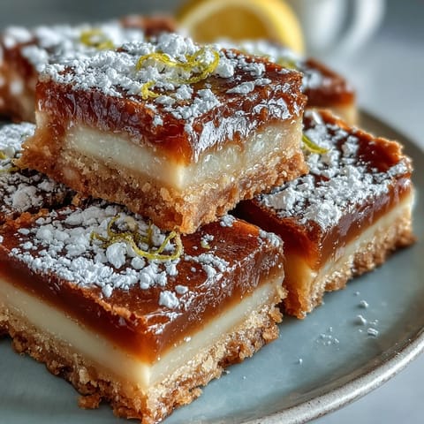 A close-up of Earl Grey tea, guava, and lemon bars with a golden crust and powdered sugar dusting.