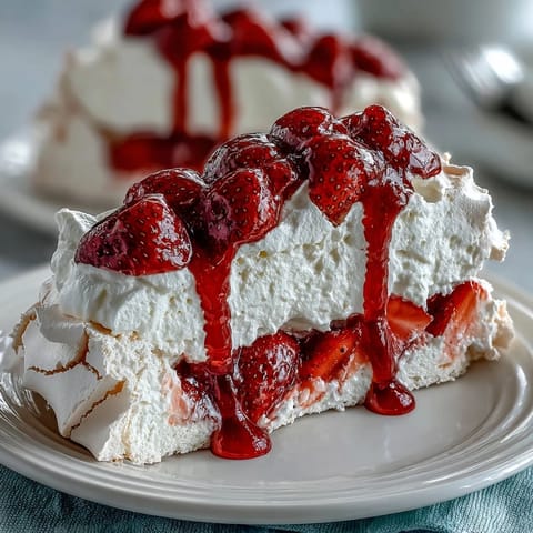 Beautiful strawberry pavlova with crisp meringue base topped with whipped cream and fresh strawberries.