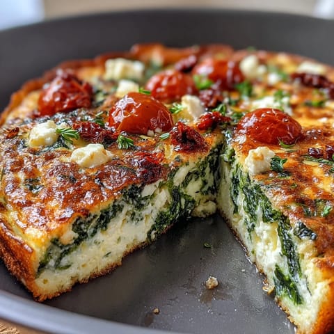 A fluffy spinach and feta frittata with sun-dried tomatoes, baked golden and ready for brunch.  