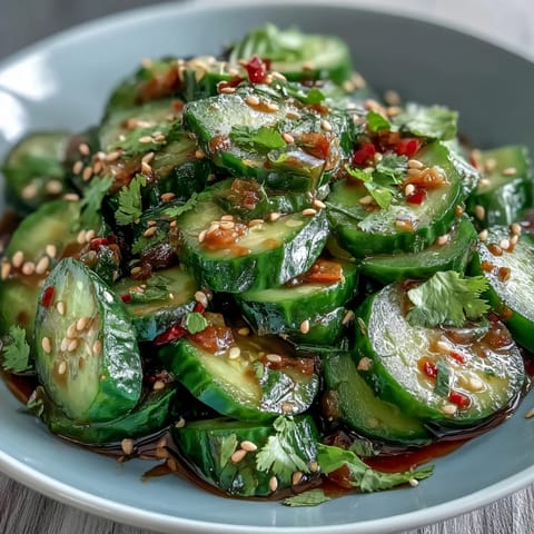 Crisp Asian cucumber salad with sesame and rice vinegar, tossed with green onions and toasted sesame seeds for a refreshing bite.