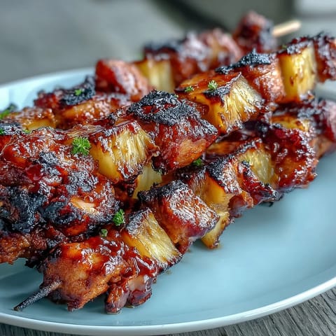 Colorful skewers of tender chicken, vibrant bell peppers, and golden pineapple, charred to perfection on the grill.  