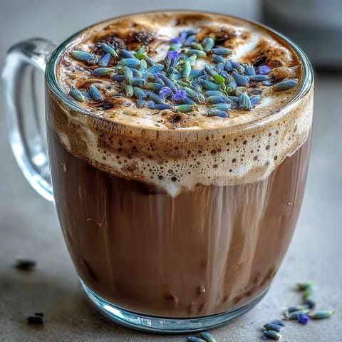 Creamy lavender oat milk latte with floral aroma and rich espresso, served in a cozy ceramic mug for a soothing, dairy-free coffee experience.